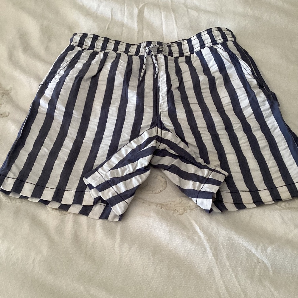 Janie and Jack boys size 14 gray and white striped swim trunk